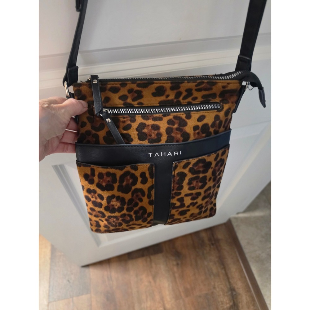 Tahari Leopard Print Crossbody Bag Brown Animal Print Faux Suede Small Messenger - Picture 3 of 8